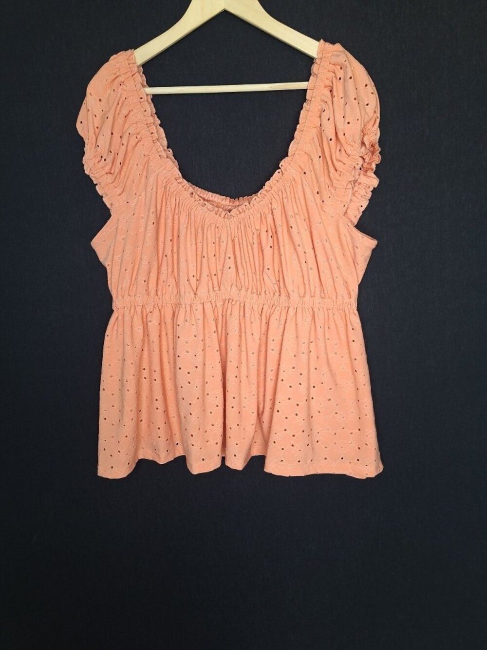NWT Torrid Eyelet Scoop Neck Babydoll Top Peach Puff Sleeve Stretch Size 2 (2X)
